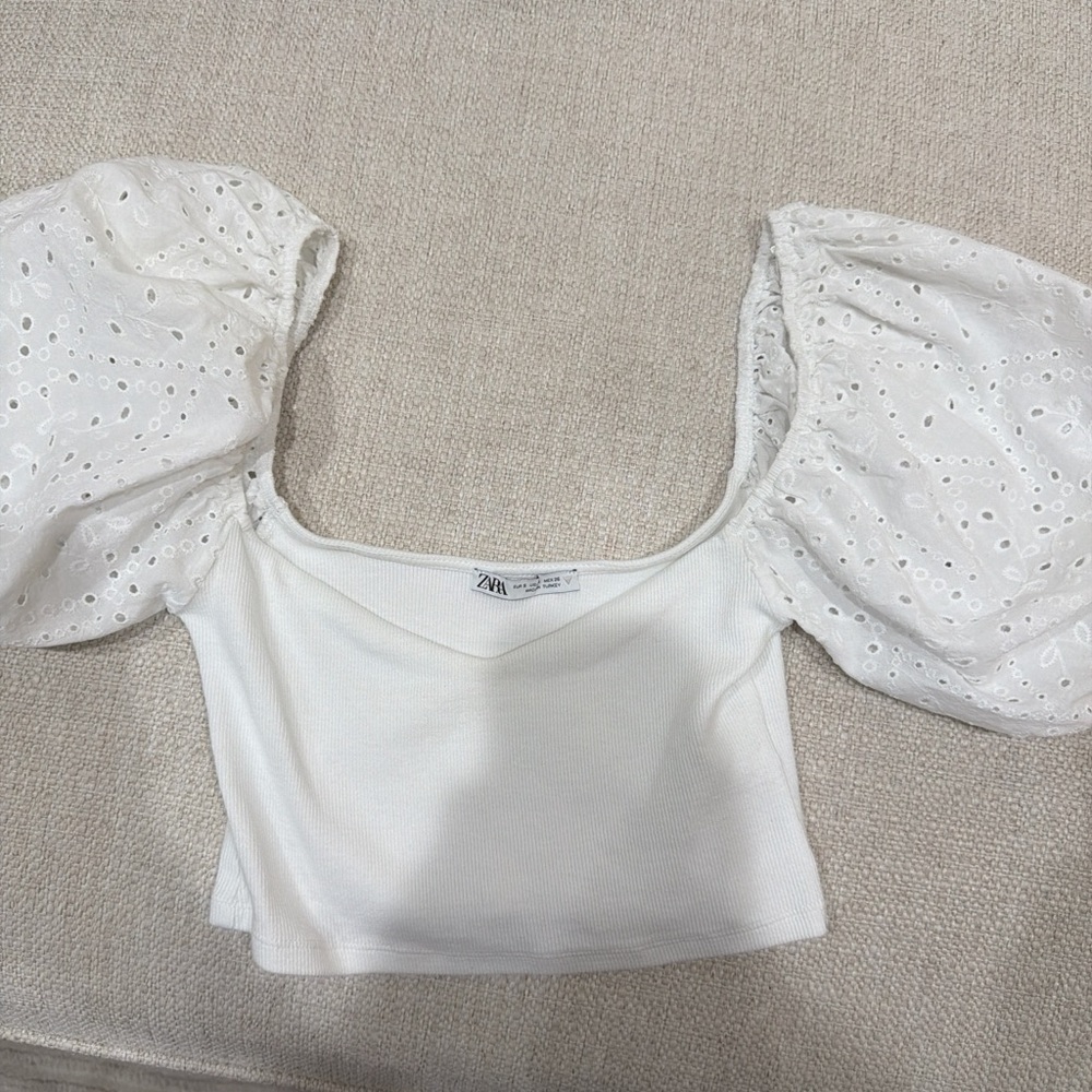 Zara Cream Puff Sleeve Eyelet Blouse